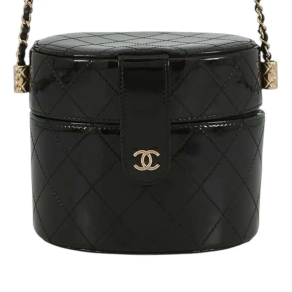 Chanel CC Quilted Patent Round Vanity Clutch With Chain Black Leather Very good - Front View