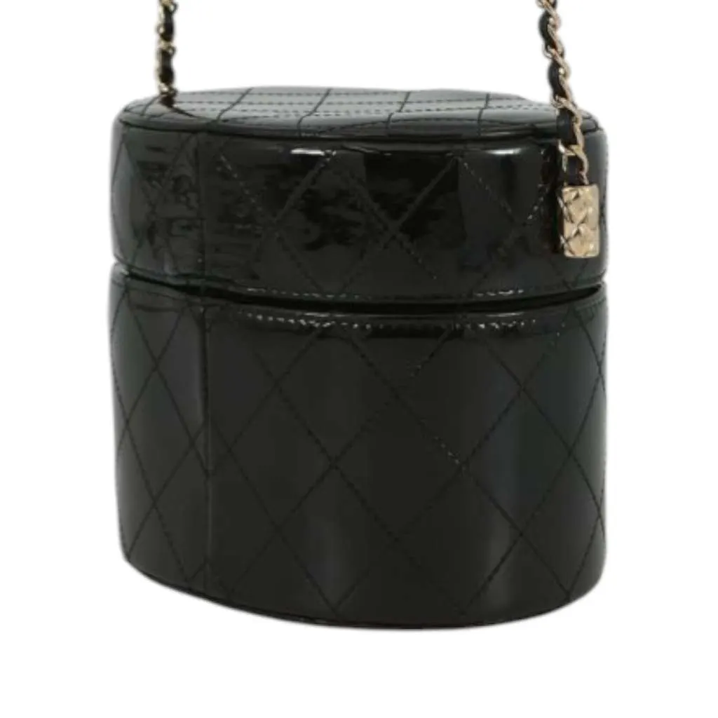 Chanel CC Quilted Patent Round Vanity Clutch With Chain Black Leather Very good - Back View
