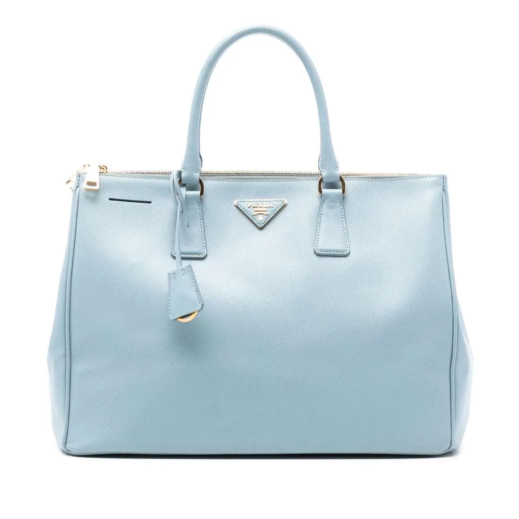 Prada Large Saffiano Lux Galleria Double Zip Satchel Blue Leather Good - Front View