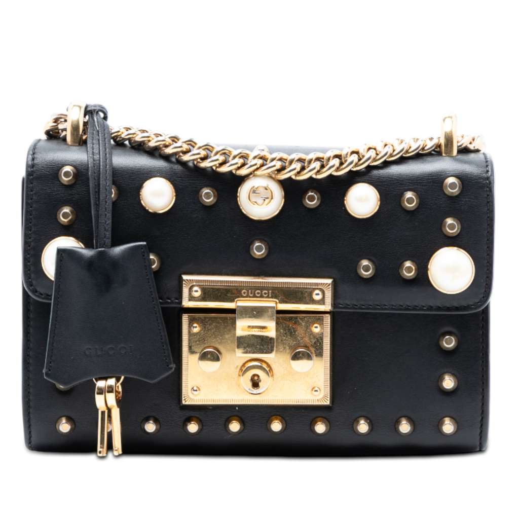 Gucci Small Pearl Studded Leather Padlock Crossbody