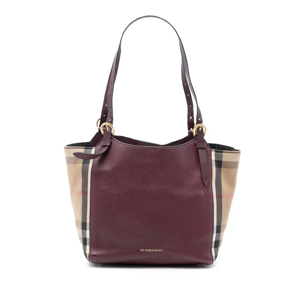 Burberry Small Leather and House Check Canvas Canterbury Tote Red Leather Very good - Front View