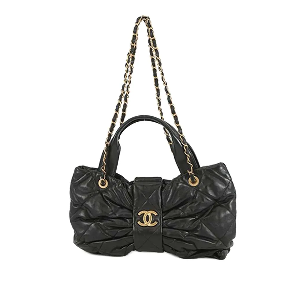 Chanel Shiny Lambskin Bow Bag Black Leather Good - Front View