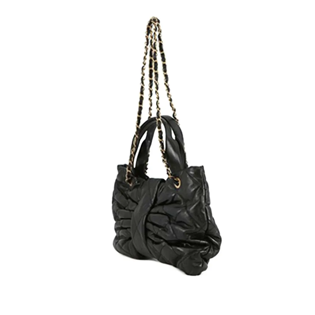 Chanel Shiny Lambskin Bow Bag Black Leather Good - Back View
