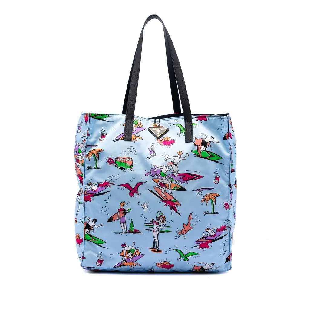 Prada Tessuto Stampato Surf Tote Blue Very good - Front View