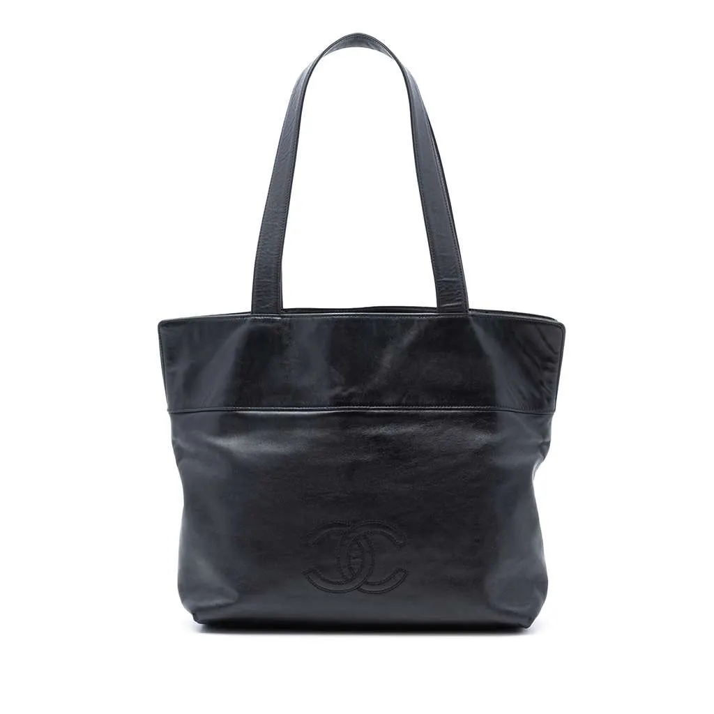Chanel CC Lambskin Tote Black Leather Good - Front View