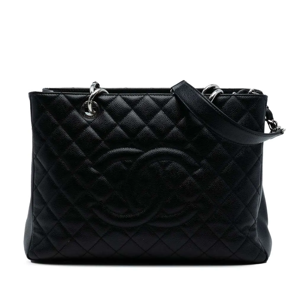 Chanel Caviar Grand Shopping Tote Black Leather Good - Front View