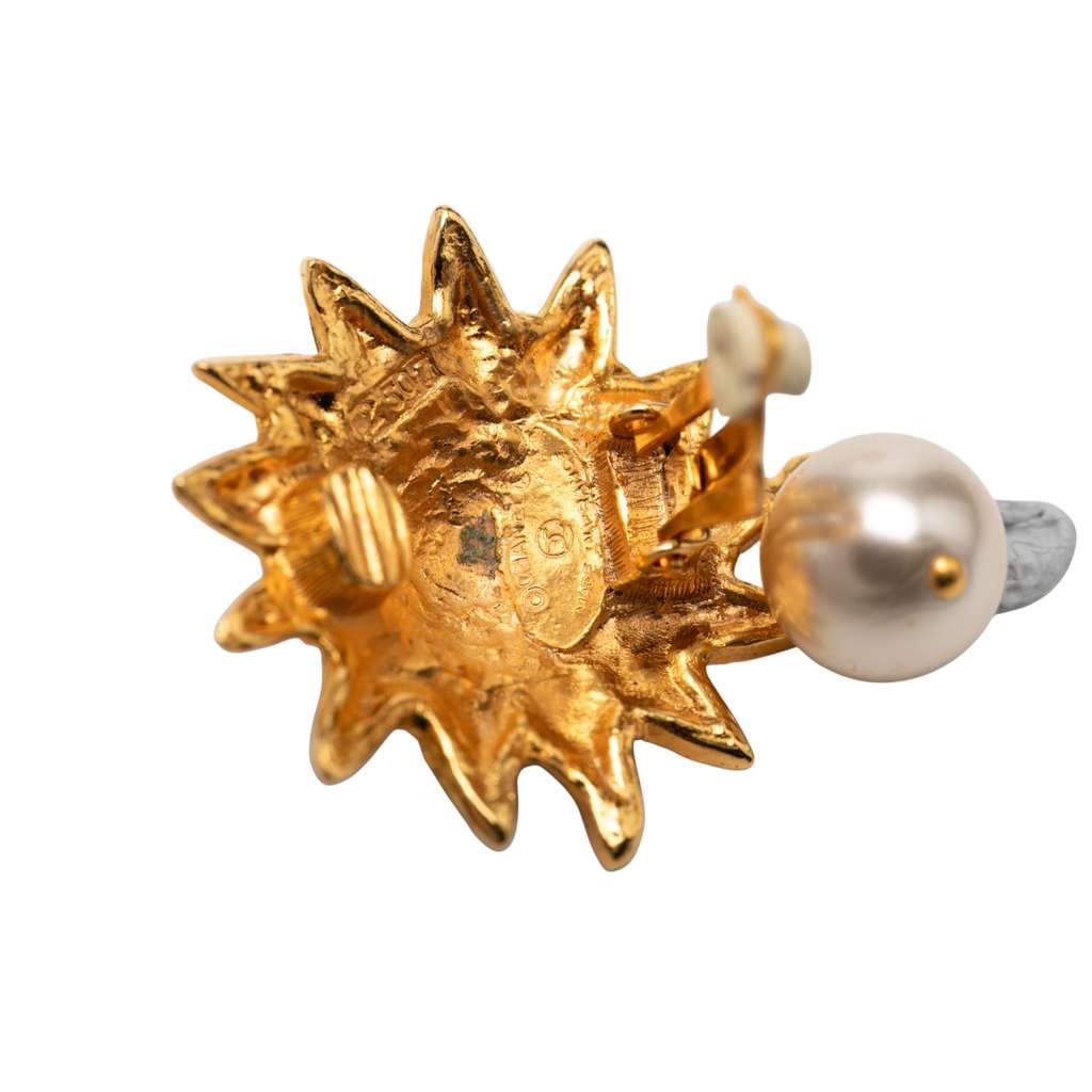 Chanel CC Gold Plated Faux Pearl Lion Head Drop Clip On Earrings - 3