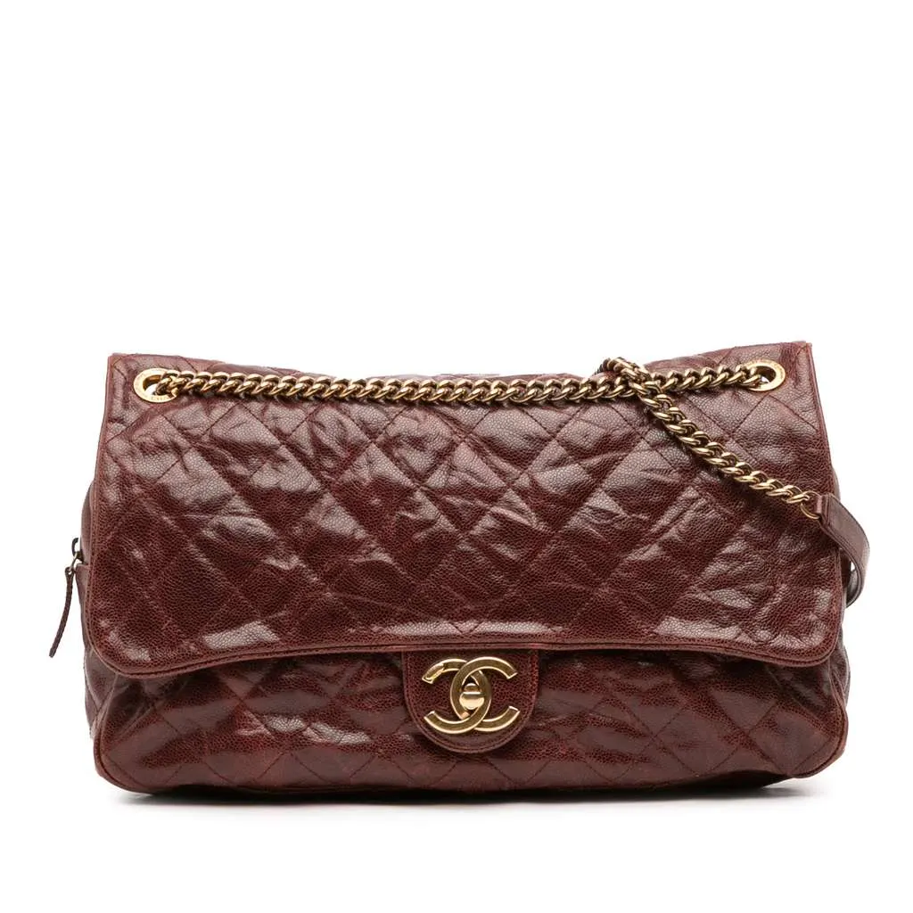 Chanel Large Quilted Glazed Caviar Shiva Flap Red Leather Fair - Front View