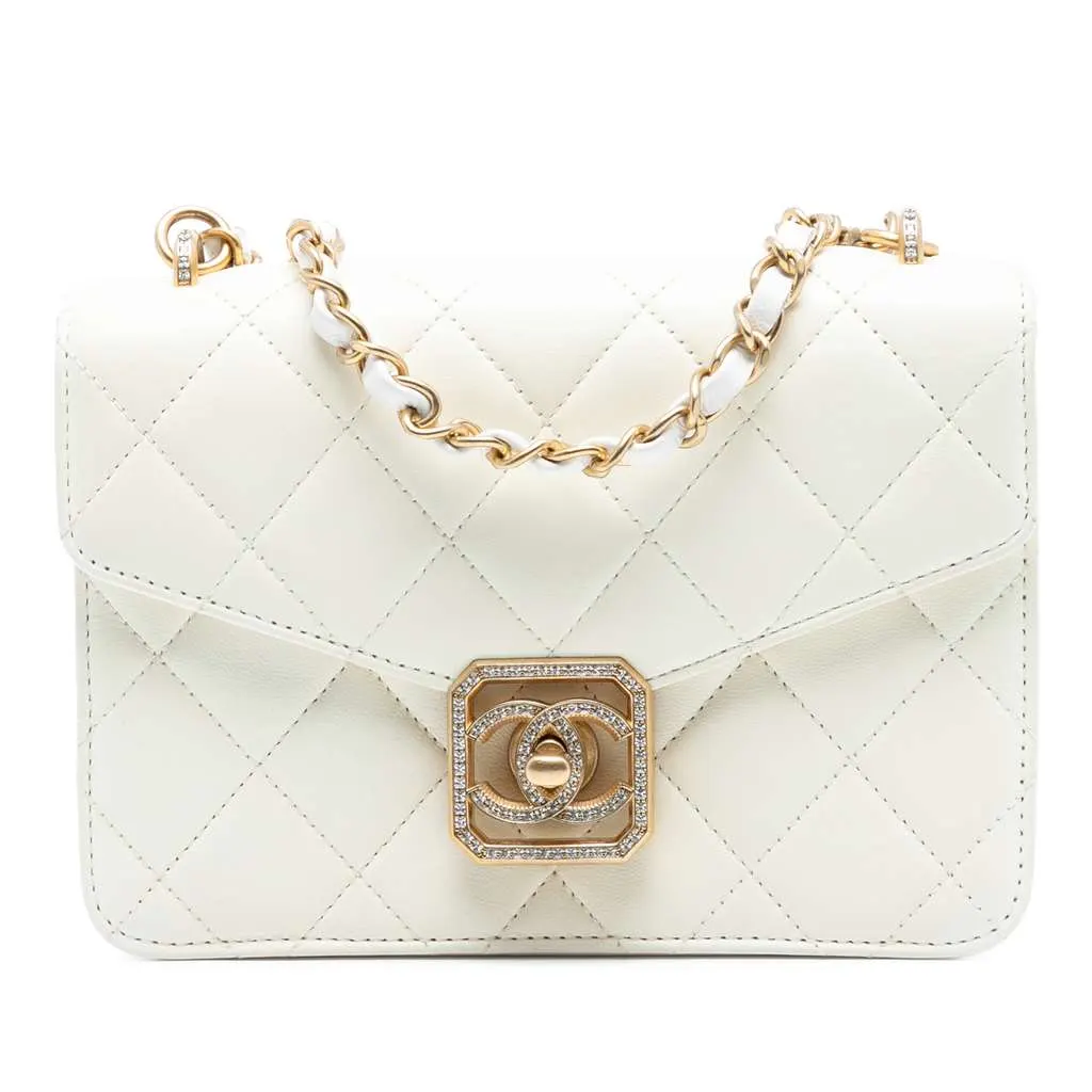 Chanel Quilted Lambskin Crystal Geometric CC Frame Flap White Leather Very good - Front View