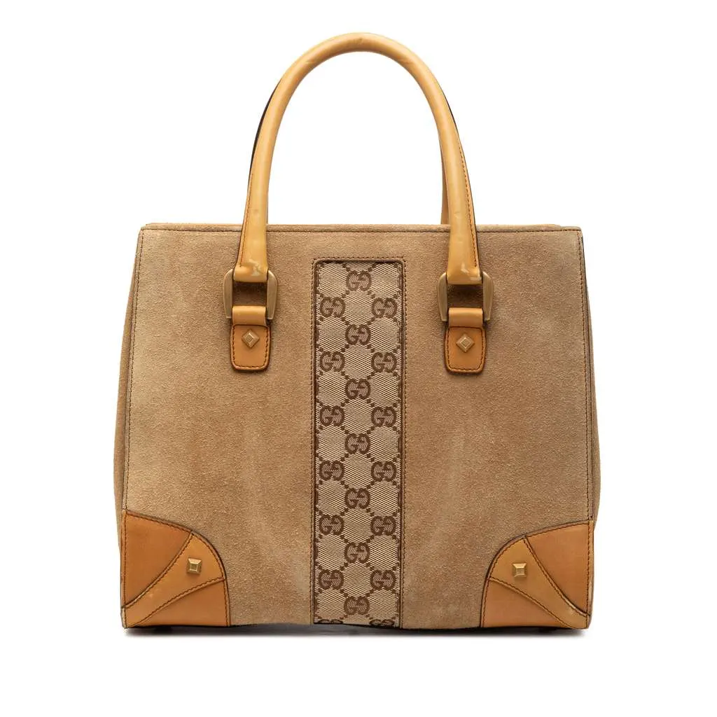 Gucci Suede GG Canvas Nailhead Handbag Brown Leather Good - Front View