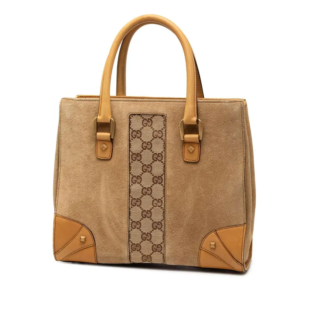 Gucci Suede GG Canvas Nailhead Handbag Brown Leather Good - Back View