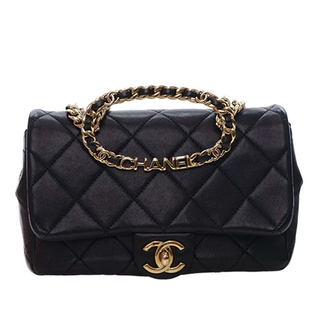 Chanel Small Quilted Lambskin Round Top Handle Flap Black Leather Very good - Front View