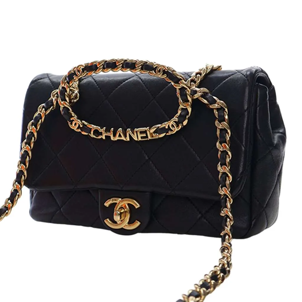 Chanel Small Quilted Lambskin Round Top Handle Flap Black Leather Very good - Back View