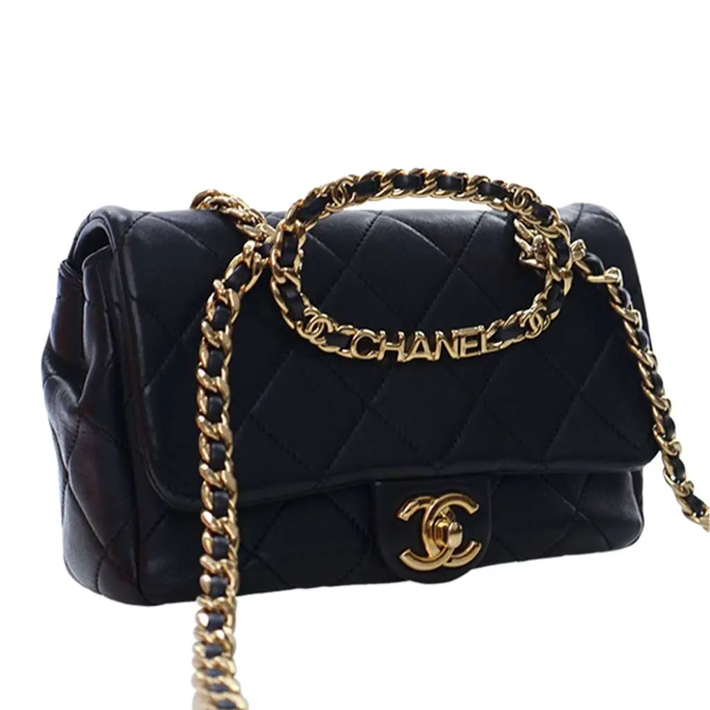 Chanel Small Quilted Lambskin Round Top Handle Flap Black Leather Very good - Inside View