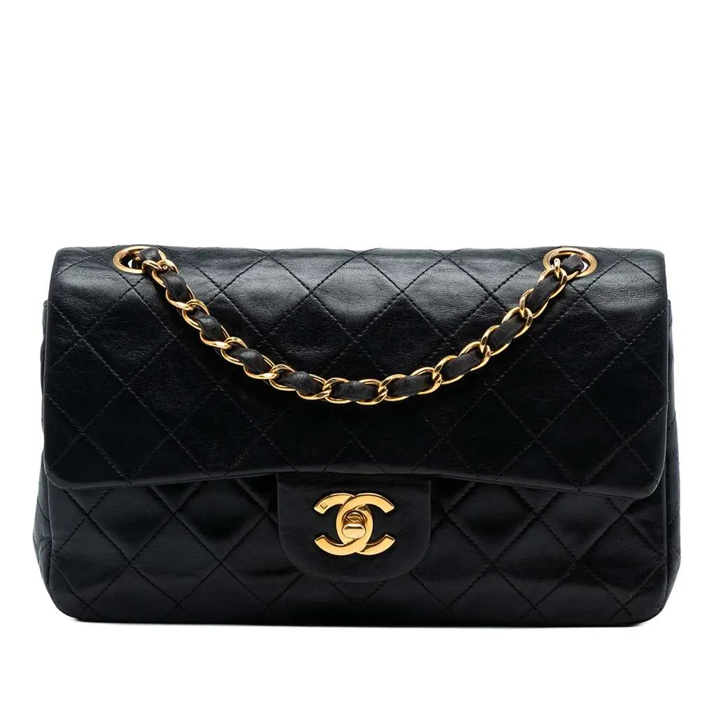 Chanel Small Classic Lambskin Double Flap Black Leather Good - Front View