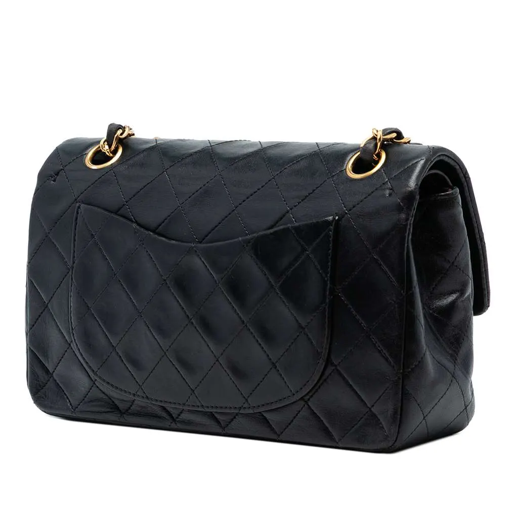 Chanel Small Classic Lambskin Double Flap Black Leather Good - Back View