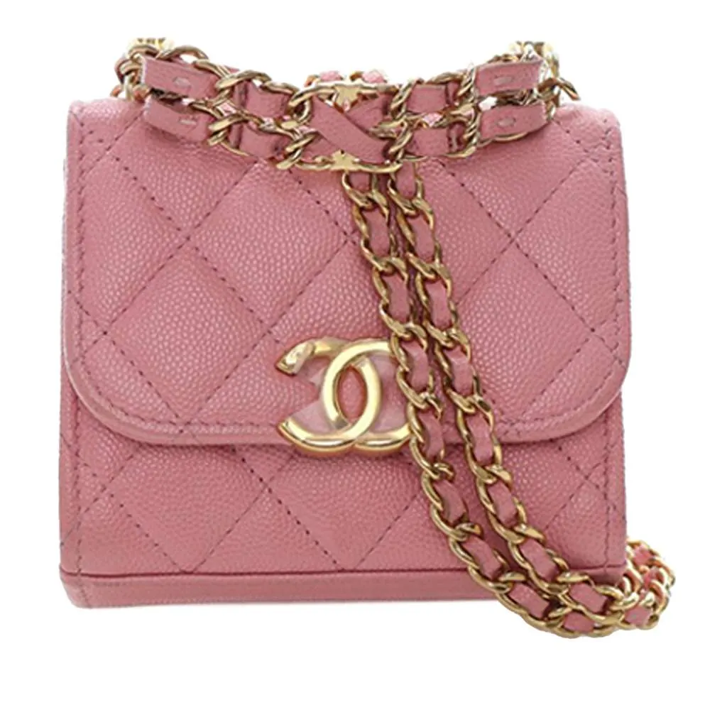 Chanel Mini CC Quilted Caviar Top Handle Clutch with Chain Pink Leather Very good - Front View