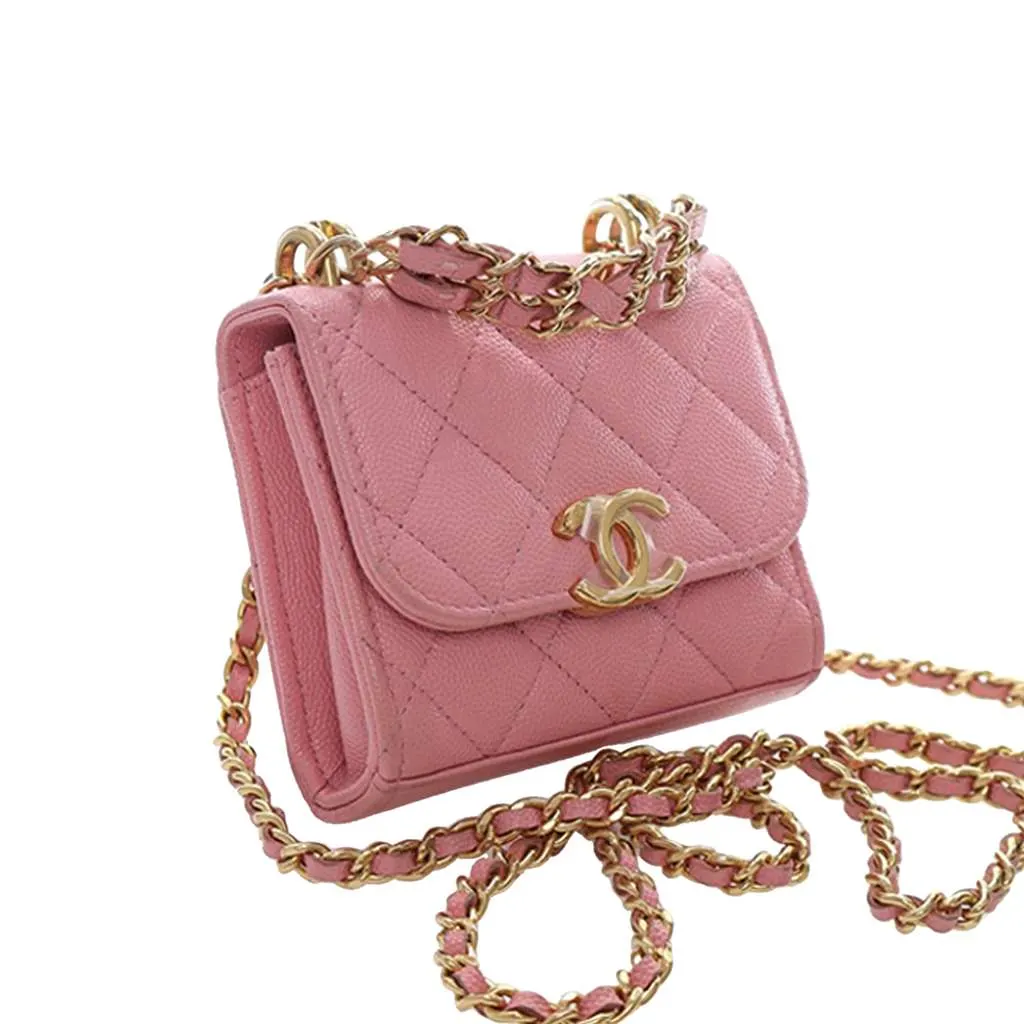 Chanel Mini CC Quilted Caviar Top Handle Clutch with Chain Pink Leather Very good - Back View