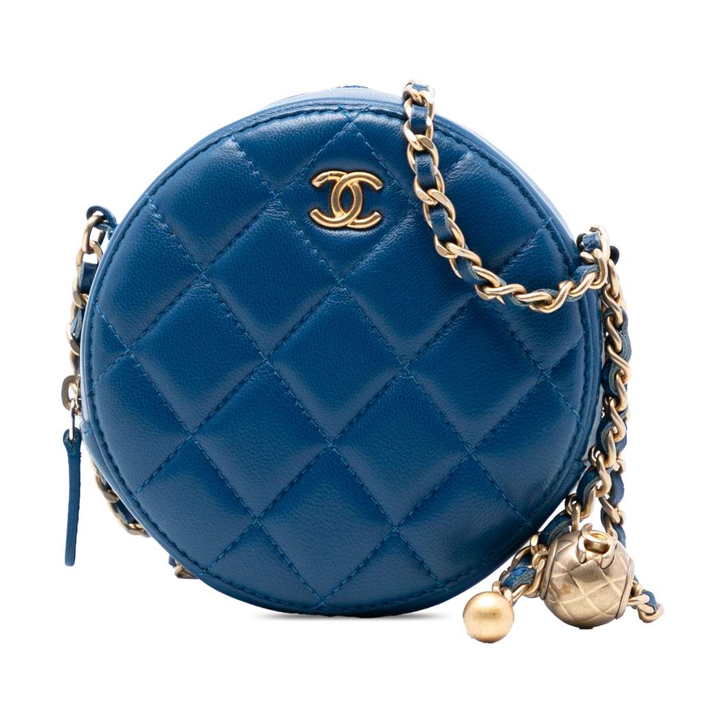 Chanel CC Quilted Lambskin Pearl Crush Round Clutch with Chain