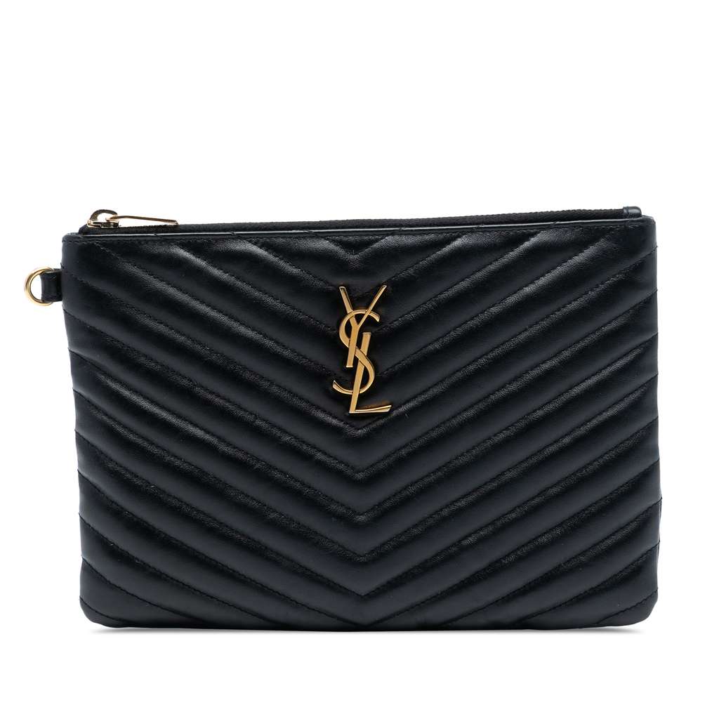 Saint Laurent Chevron Leather Monogram Zip A5 Wristlet Pouch