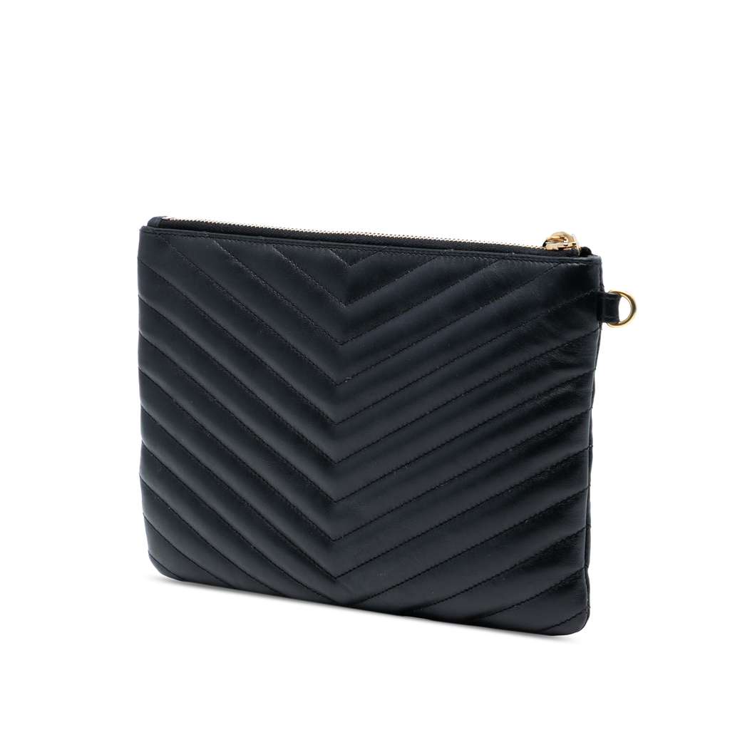 Saint Laurent Chevron Leather Monogram Zip A5 Wristlet Pouch - 2