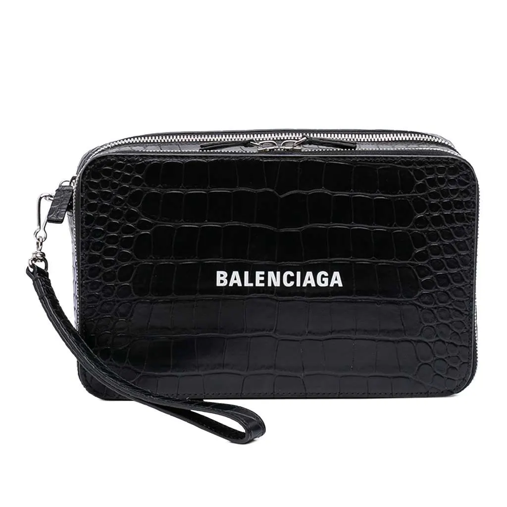 Balenciaga Croc Embossed Leather Wristlet Clutch Black Leather Very good - Front View