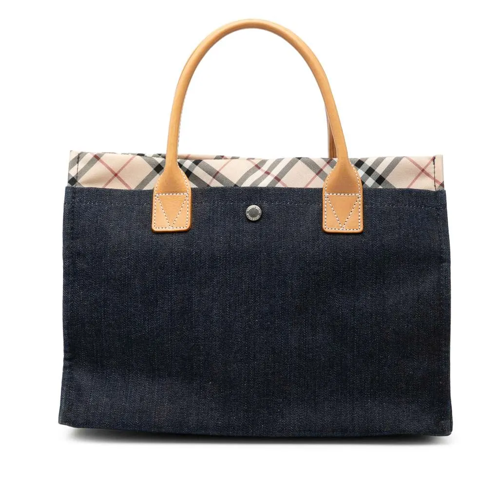 Burberry Nova Check Trimmed Denim Tote Blue Denim Good - Front View