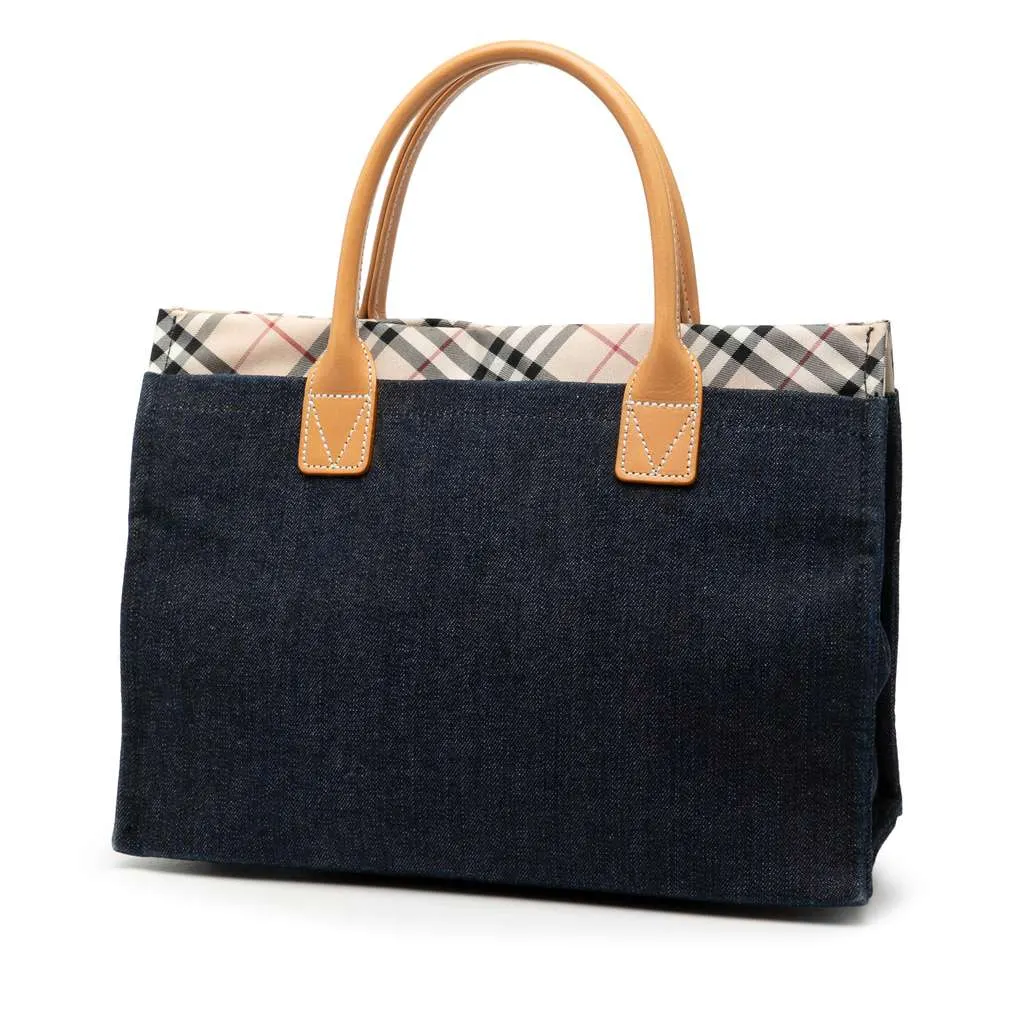 Burberry Nova Check Trimmed Denim Tote Blue Denim Good - Back View