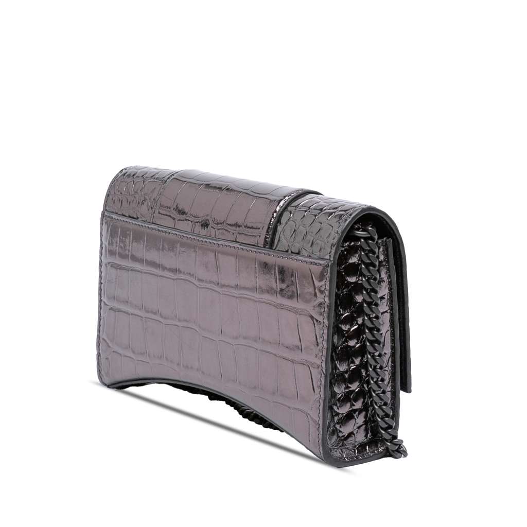 Balenciaga Shiny Calfskin Crocodile Embossed Hourglass Wallet On Chain - 2