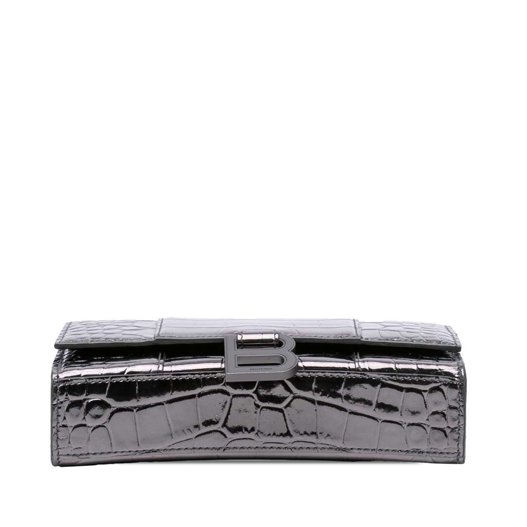 Balenciaga Shiny Calfskin Crocodile Embossed Hourglass Wallet On Chain - 3
