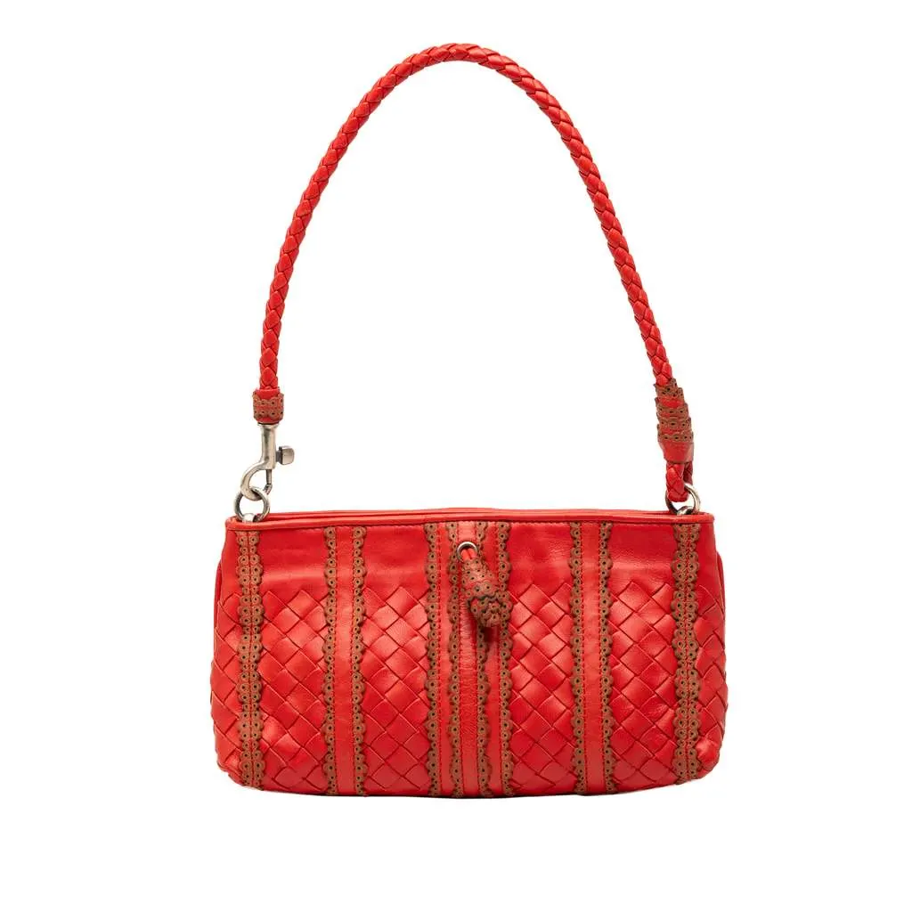 Bottega Veneta Leather Intrecciato Stripe Shoulder Bag Red Leather Very good - Front View