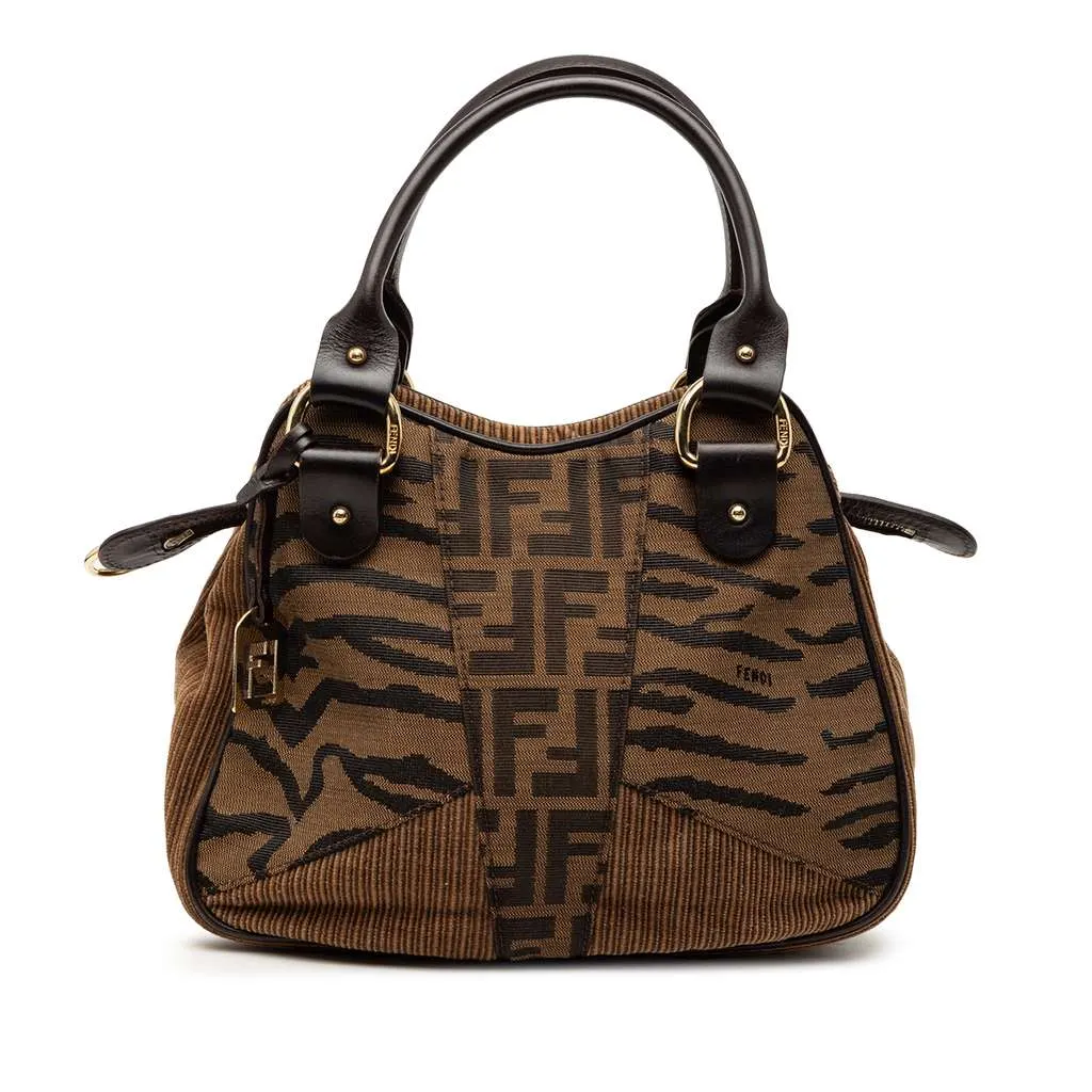 Fendi Zucca Zebra Print Canvas Handbag Brown Canvas Good - Front View