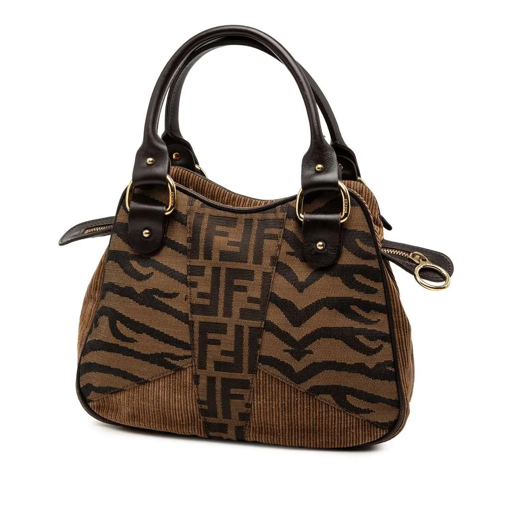 Fendi Zucca Zebra Print Canvas Handbag Brown Canvas Good - Back View