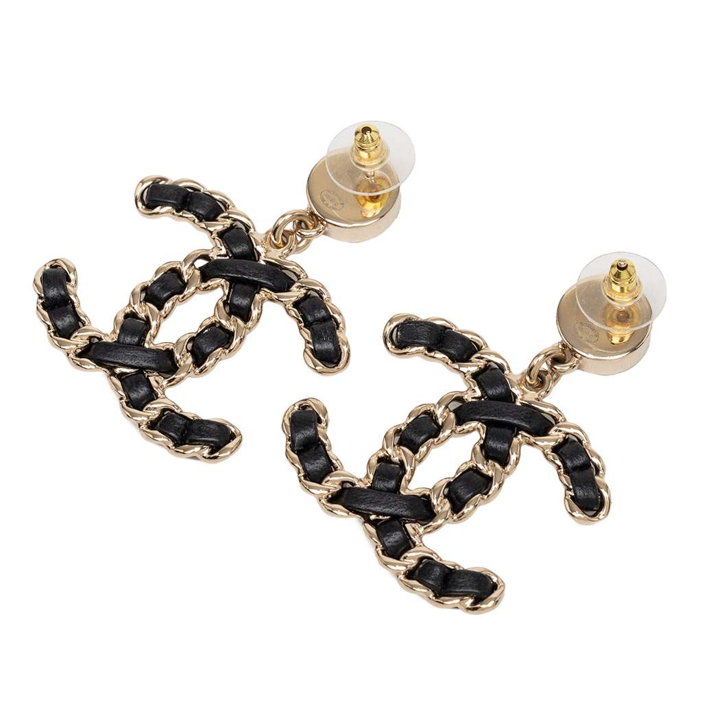 Chanel CC Gold Plated Leather Woven Chain Push Back Earrings - 2