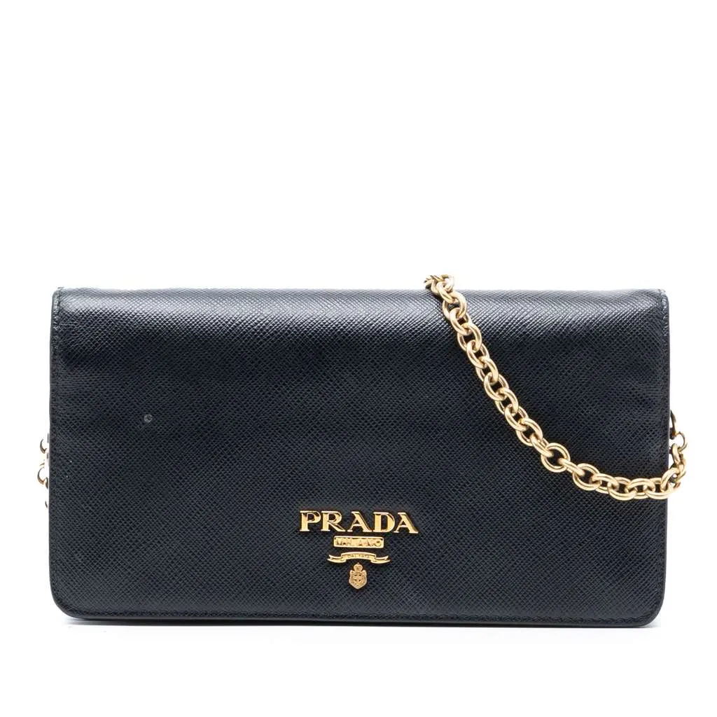 Prada Saffiano Wallet On Chain Black Leather Good - Front View