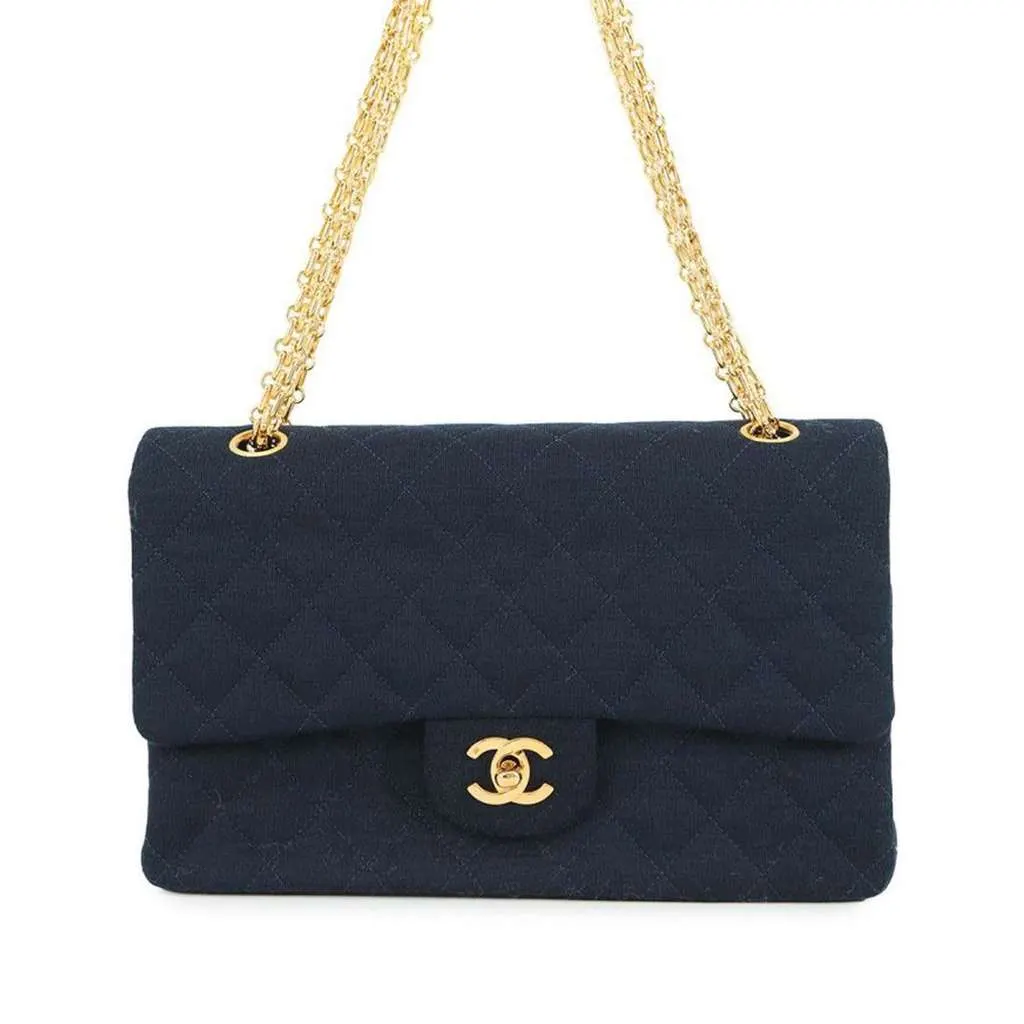 Chanel Medium Classic Jersey Double Flap Blue Cotton Good - Front View