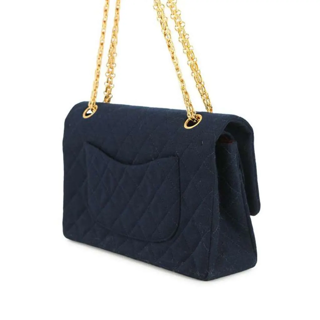 Chanel Medium Classic Jersey Double Flap Blue Cotton Good - Back View