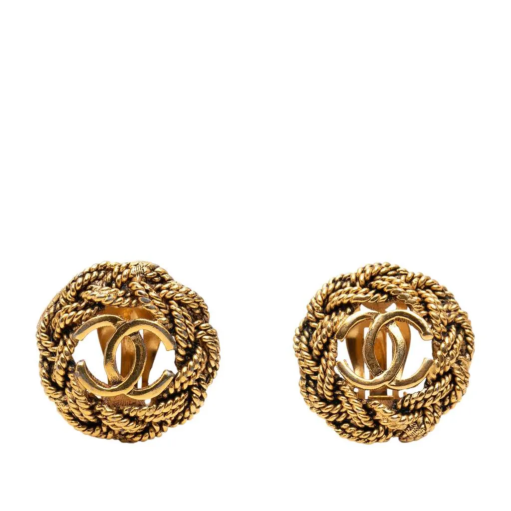 Chanel Gold Plated CC Twisted Rope Clip On Earrings Gold Metal Good - Front View