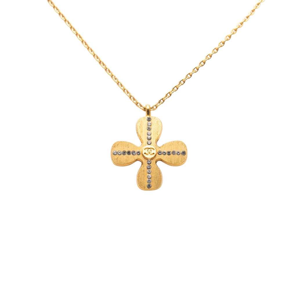 Chanel Gold Plated CC Crystal Clover Pendant Necklace - 2