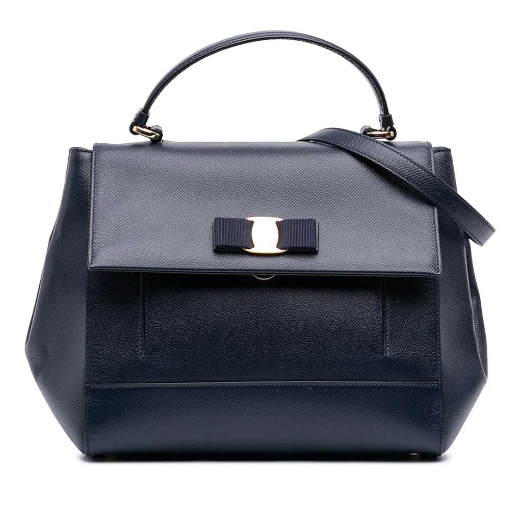 Salvatore Ferragamo Leather Carrie Vara Bow Top Handle Bag Blue Leather Very good - Front View