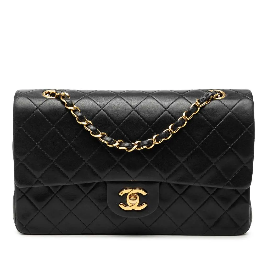 Chanel Medium Classic Lambskin Double Flap Black Leather Good - Front View