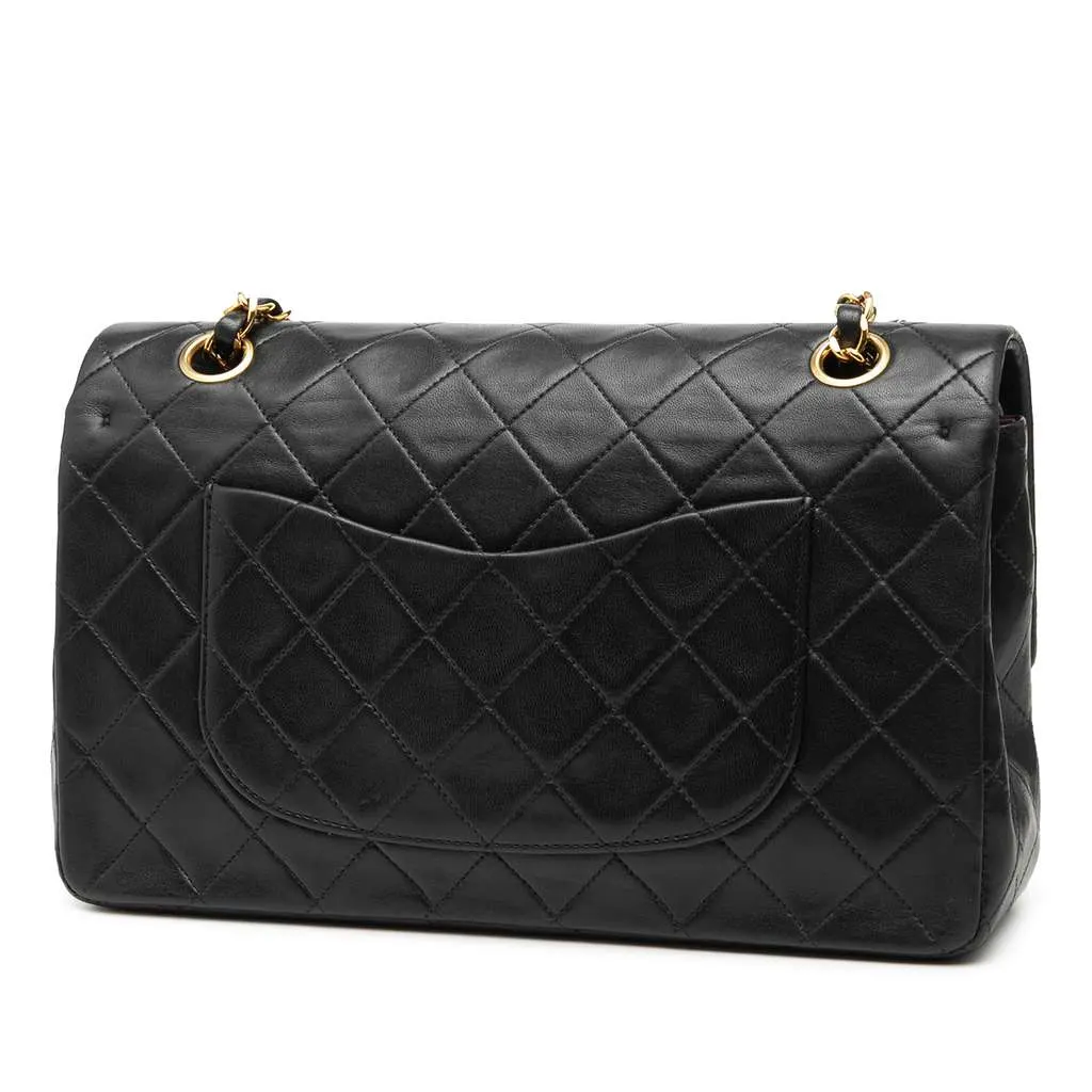 Chanel Medium Classic Lambskin Double Flap Black Leather Good - Back View