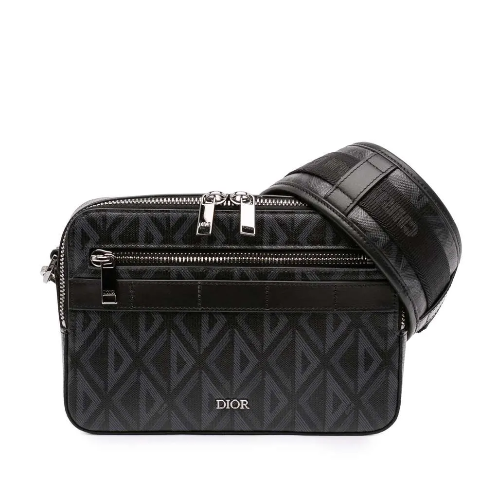 Dior CD Diamond Coated Canvas Safari Bag with Strap Black Canvas Good - Front View