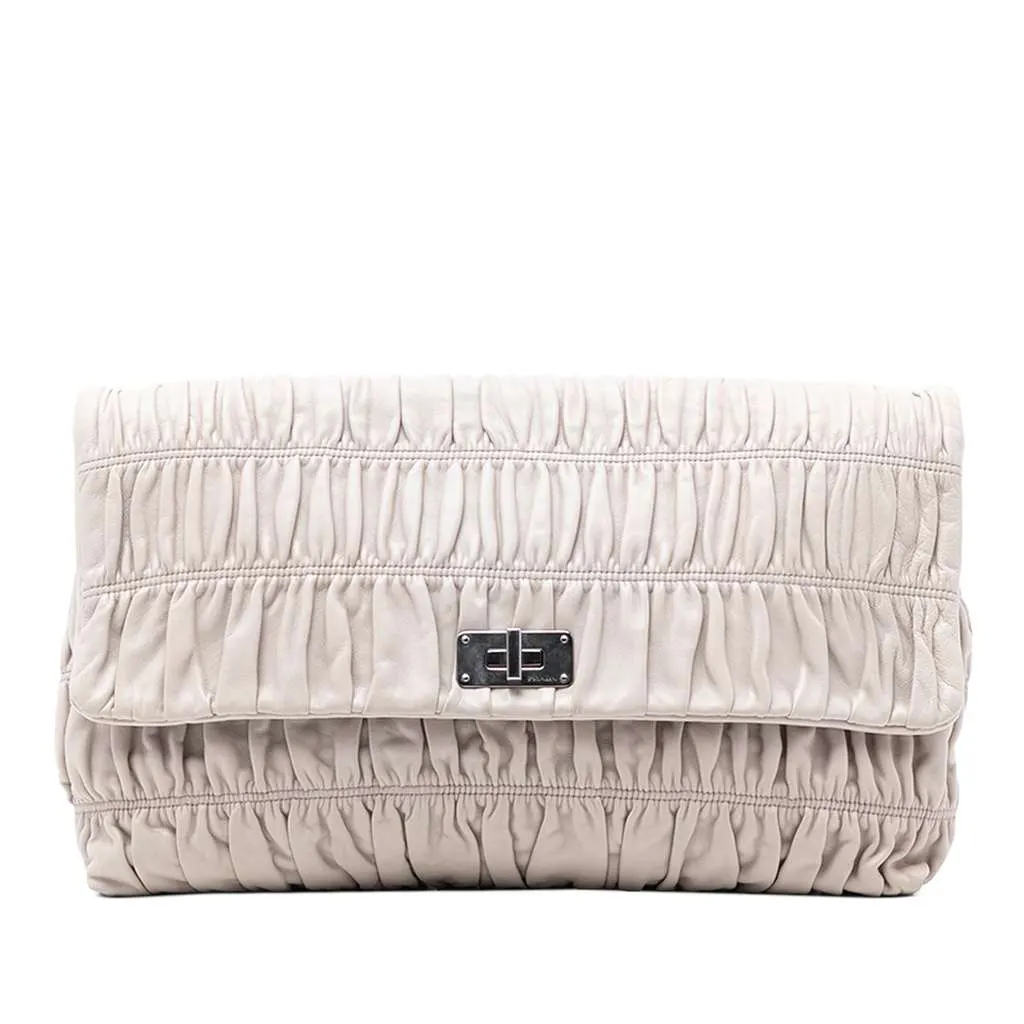 Prada Nappa Gaufre Turn Lock Clutch Brown Leather Very good - Front View