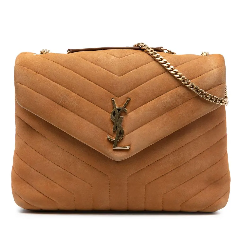 Saint Laurent Medium Matelasse Suede Monogram LouLou Chain Bag Brown Leather Good - Front View