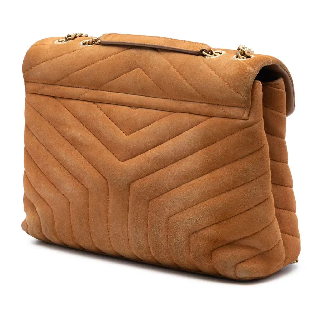 Saint Laurent Medium Matelasse Suede Monogram LouLou Chain Bag Brown Leather Good - Back View