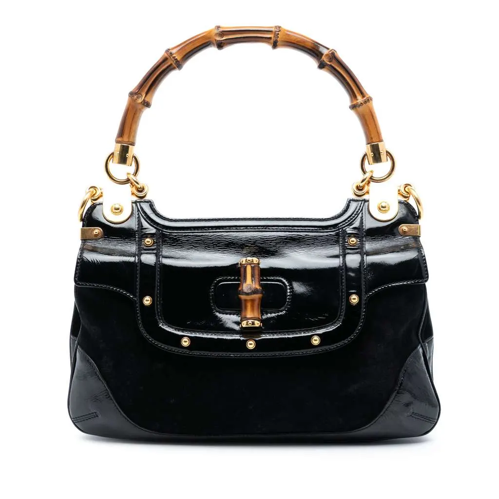 Gucci Suede and Patent Peggy Bamboo Top Handle Bag Black Leather Very good - Front View