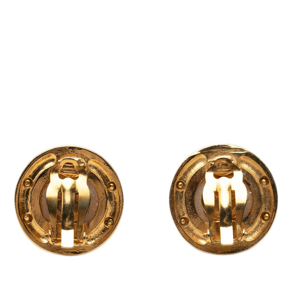 Chanel Gold Plated CC Faux Pearl Round Clip On Earrings - 2