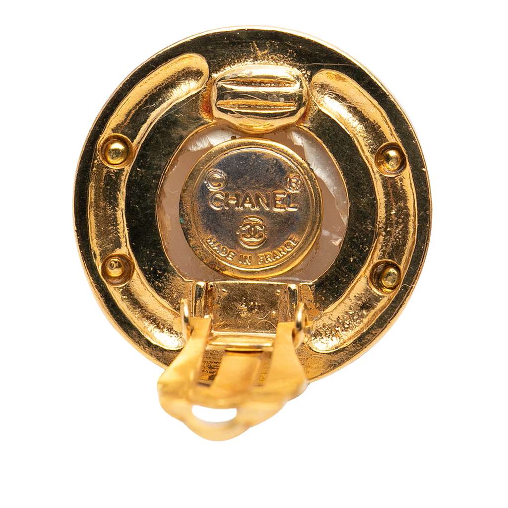 Chanel Gold Plated CC Faux Pearl Round Clip On Earrings - 3