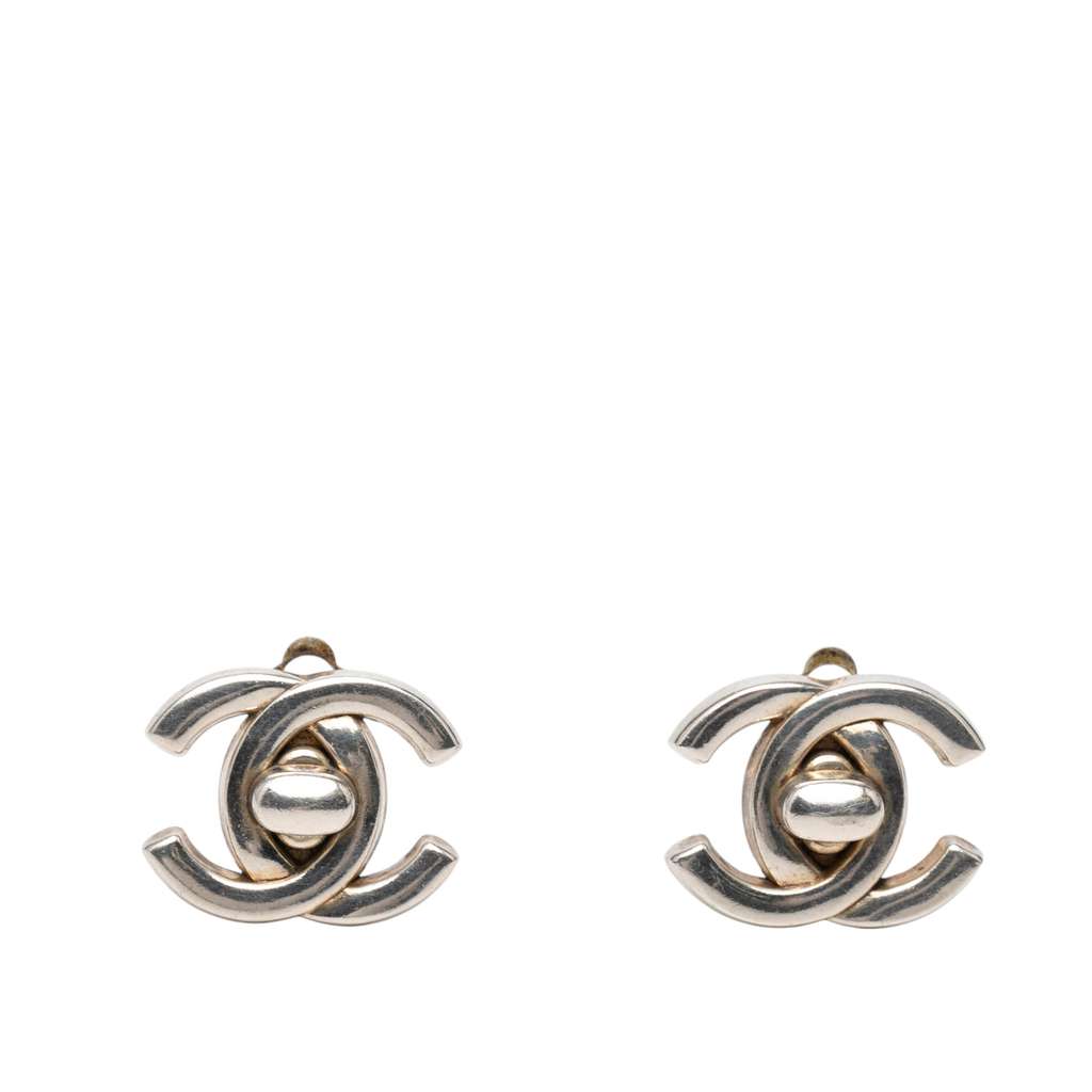 Chanel CC Silver Plated Turn Lock Clip On Earrings